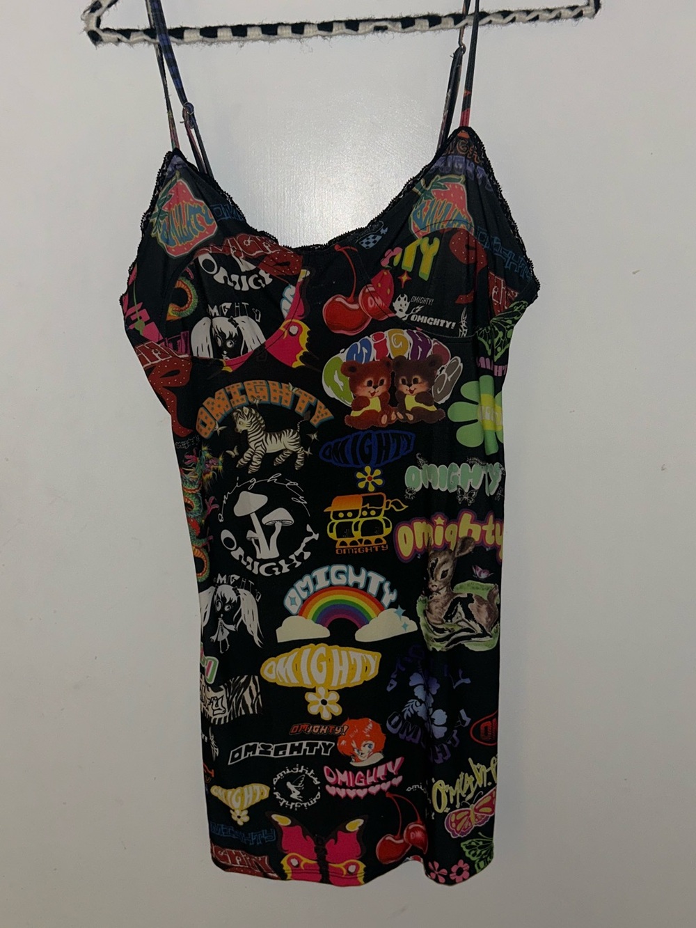 omighty Black Lace-Trim Cami Dress with Subtle Multicolor Accents